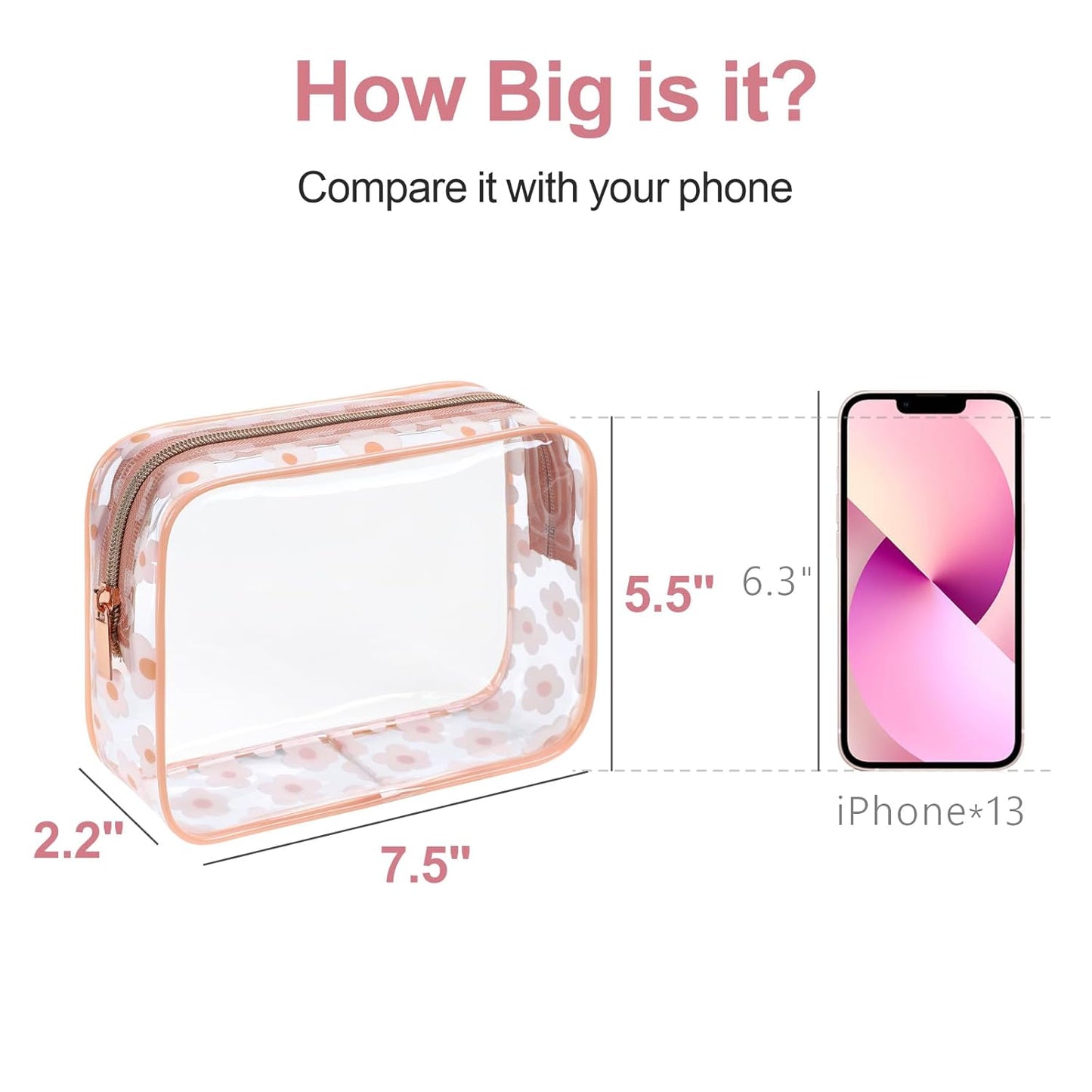 PACKISM TSA Approved Toiletry Bag - Rose Pink Flower Print Clear Makeup Bag, Suitable for Gifts, with Supporting Frame, Perfect for Travel Essentials, Thick No Smell