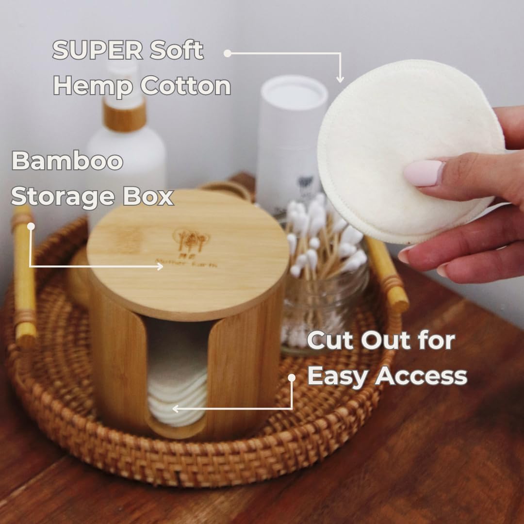 Reusable Hemp Cotton Rounds 15-Pack with Bamboo Storage Box – Ultra-Soft Organic Face Pads for Makeup Removal, Skincare Accessories, and Eco-Friendly Beauty Essentials