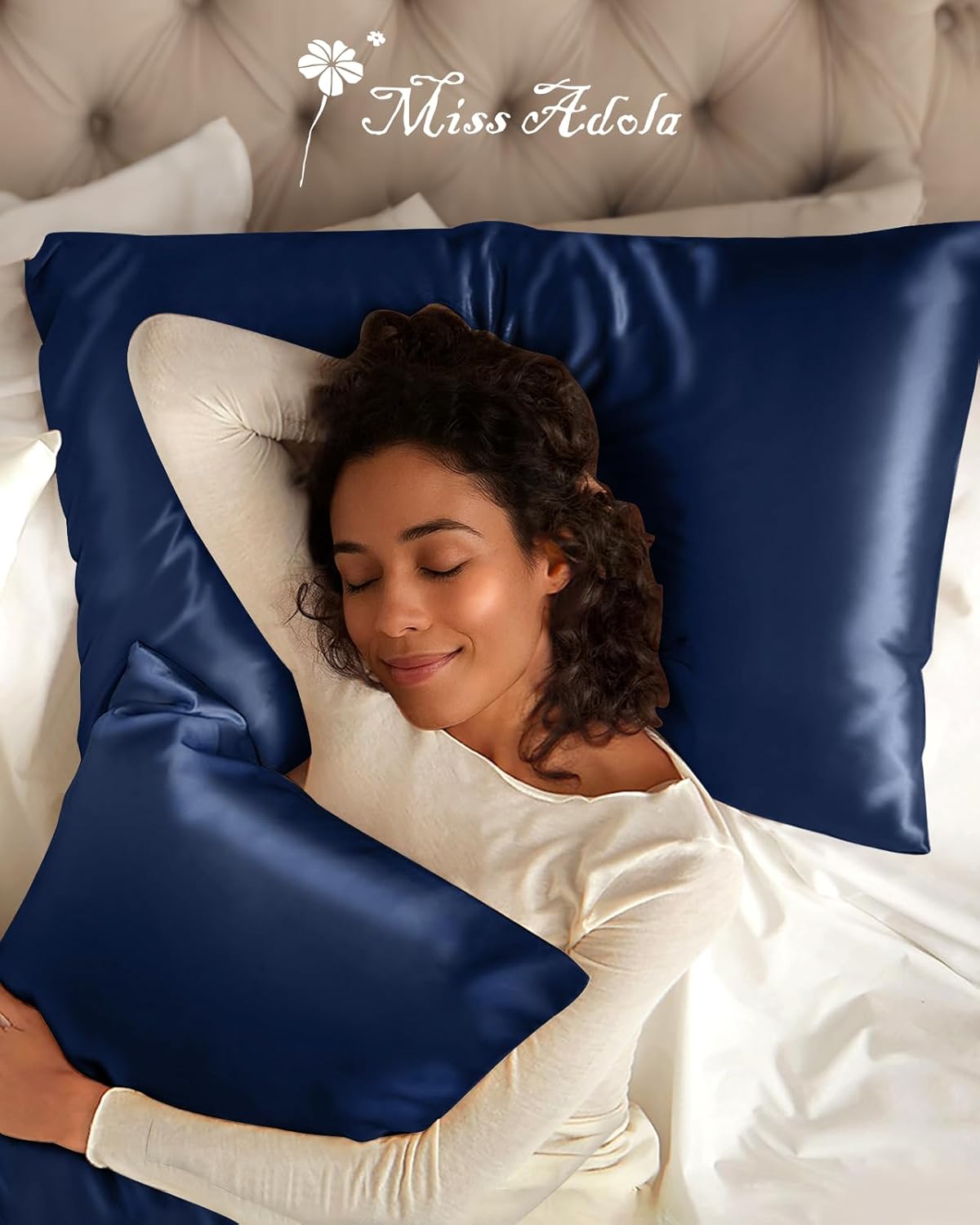 Silk Pillowcase 2 Pack - Pillow Cases King Set of 2 Size 20" x 36" for Hair and Skin Smooth Soft Breathable with Hidden Zipper Cooling Pillow Covers for Women, Navy Blue