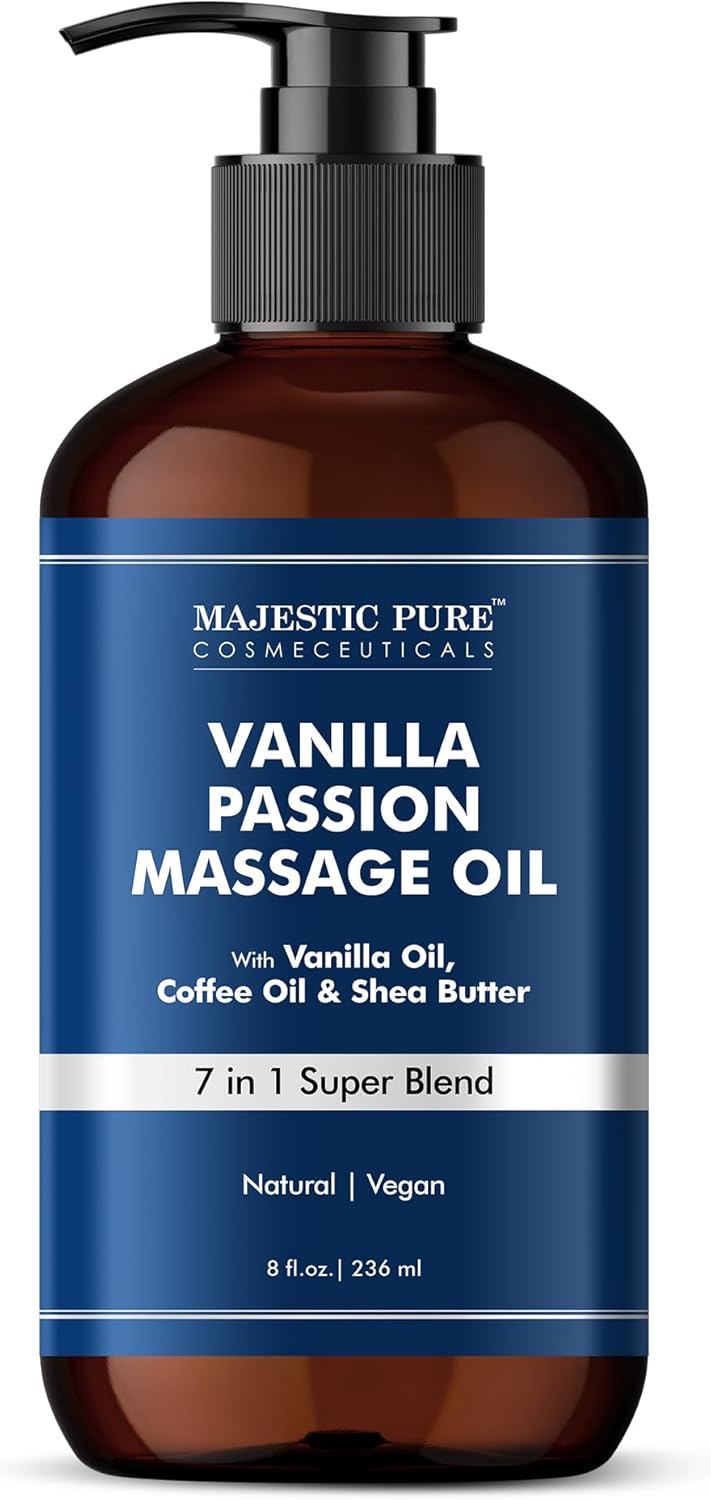MAJESTIC PURE Vanilla Passion Massage Oil for Massage Therapy - Refreshing, and Relaxing - Natural Oils with Vanilla Oil, Coffee Oil & Shea Butter - for All Skin Types - Men and Women - 8 fl oz