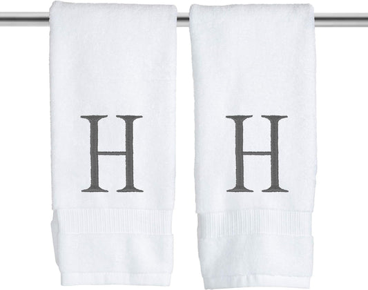 White and Dark Gray Monogrammed Hand Towel - Monogram Initial Hotel Quality Decorative Embroidered Luxury Towel for Powder Room, Spa - GOTS Organic Certified - Set of 2 Letter H