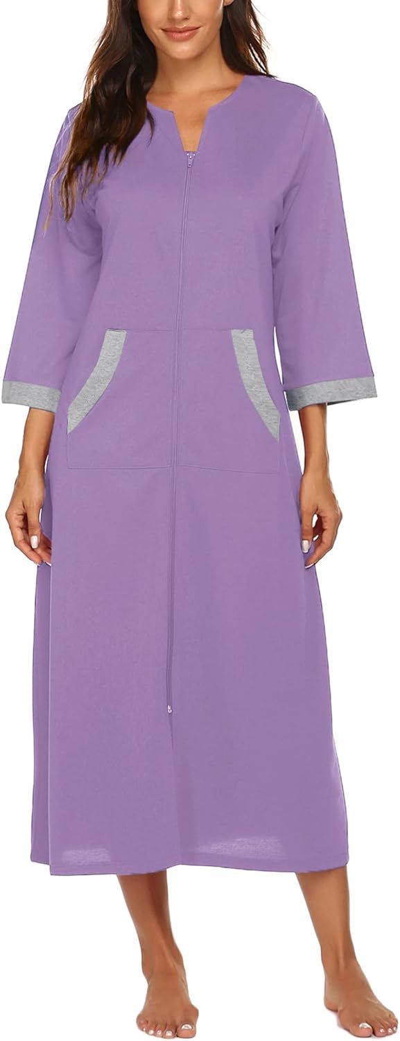 Ekouaer Women Zipper Robe 3/4 Sleeves Loungewear Dress Full Length Sleepwear Pockets Housecoat Nightgown Long Bathrobe