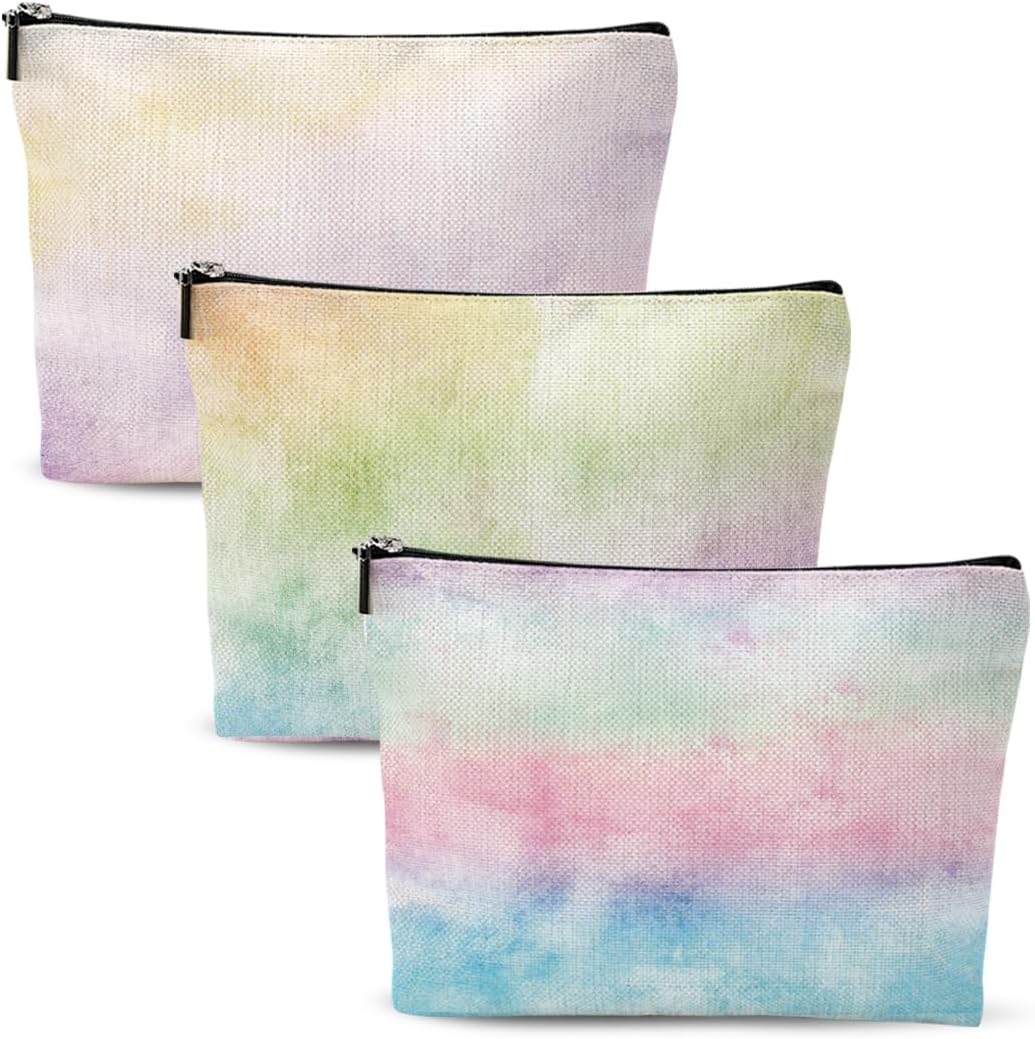 3Pcs Pastel Watercolor Rainbow Makeup Bag, Cosmetic Bag, Waterproof Cute Travel Toiletry Bag Organizer Make Up Bag Mothers Day Birthday Friendship Gifts for Women Girls Coworker Sister Bestie Grandma