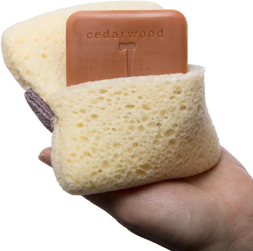MartiniSPA Exfoliating Body & Shower Sponge with Soap Pocket. All Natural Italian Deep Cleansing Sponge with Soap Saver Pouch & Hand Strap for Men & Women - Use in Shower or Bath - 2 Units/Beige Color