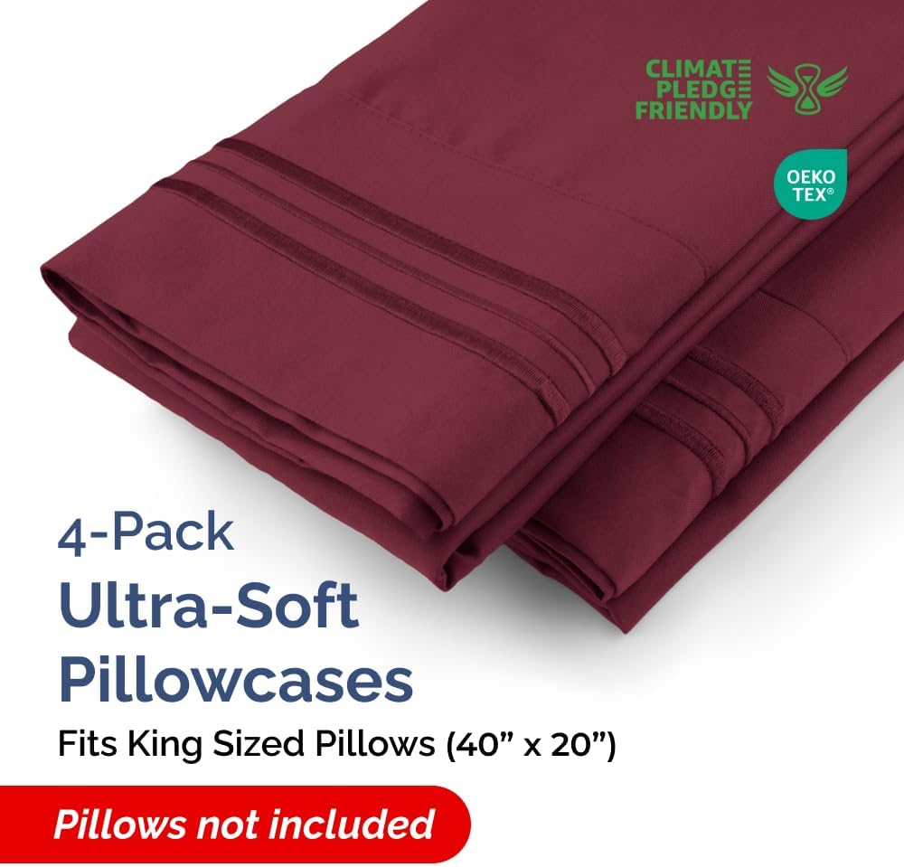 King Pillow Cases Set of 4 - Ultra Soft Hotel Quality Pillowcase Covers - Comfy, Cozy & Wrinkle Free - Shrinkage, Stain and Fade Resistant - Machine Washable Pillow Protectors - 4 Piece Set - Burgundy