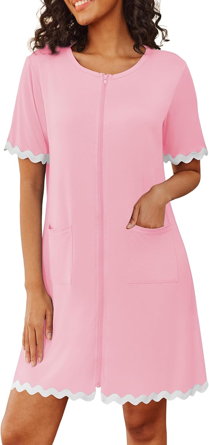 Ekouaer Women Zip Up Robe Lightweight Housecoats with Pockets Knee Length Short Bathrobes Soft Nightgown S-3XL