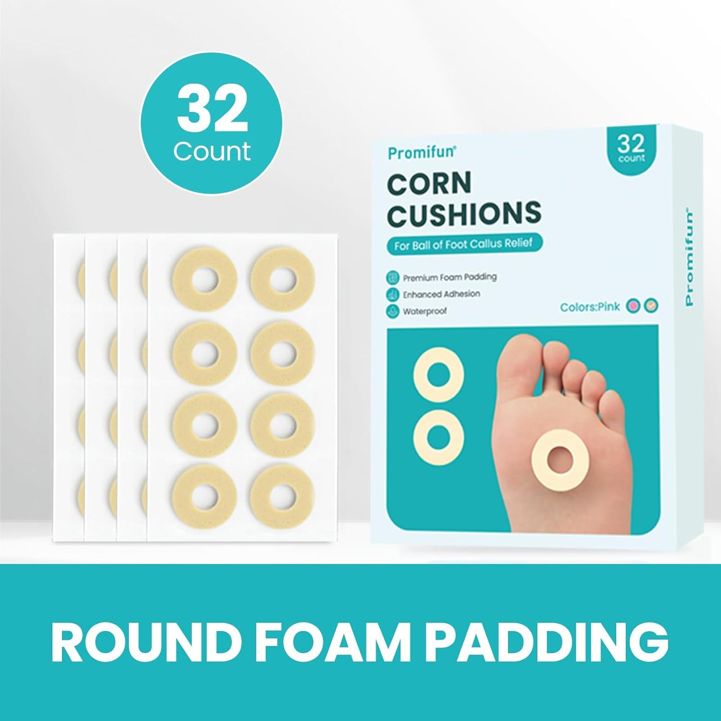 Callus Cushions for Bottom of Foot - Round Foam Padding with Water-Resistant Self-Stick Adhesive - Corn Cushions for Toes and Feet, Reduce Pain, Pressure and Friction from Shoes (Beige, 32 Count)