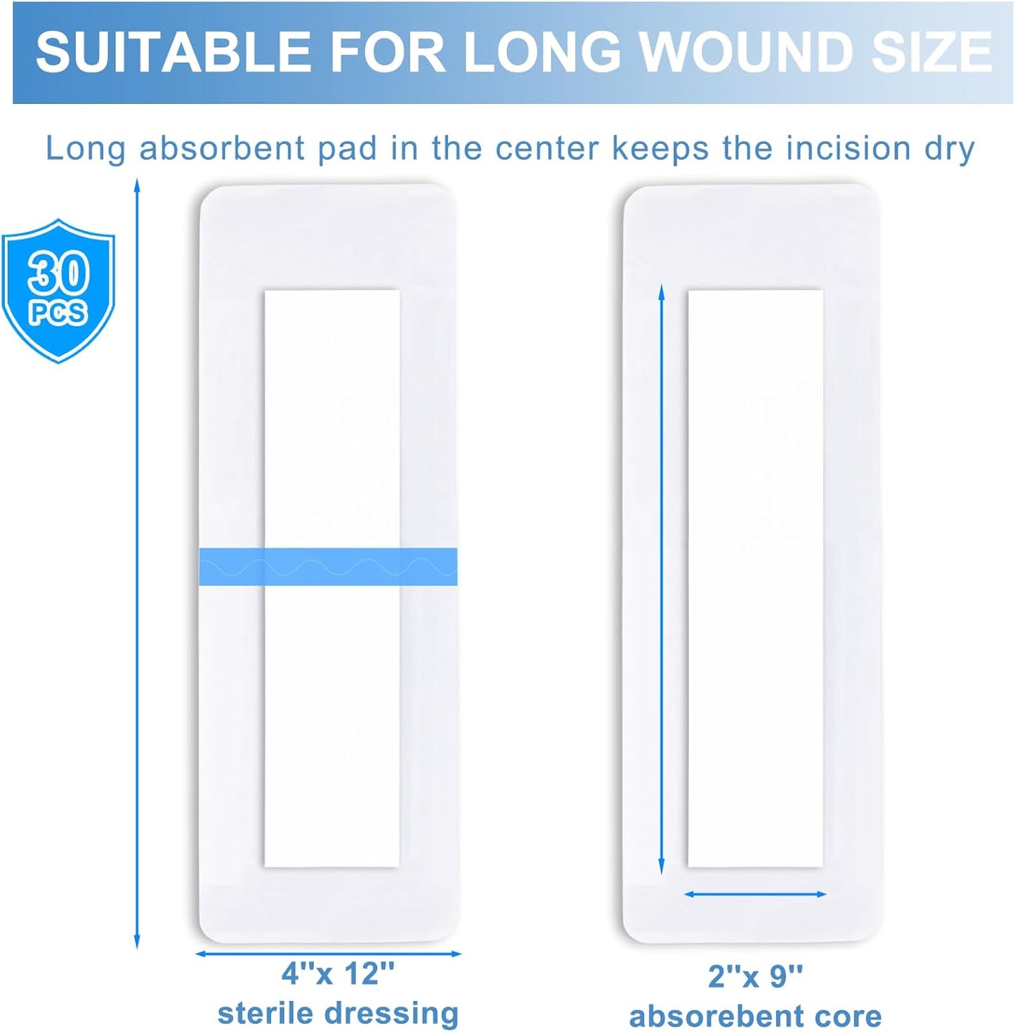 30 Pack 4"x12" Waterproof Adhesive Island Dressing for Post-Surgery Recovery | Sterile Bordered Gauze Bandages with Non-Stick Pad for Knee/Hip Replacement, Surgical Incision Care & Shower Protection
