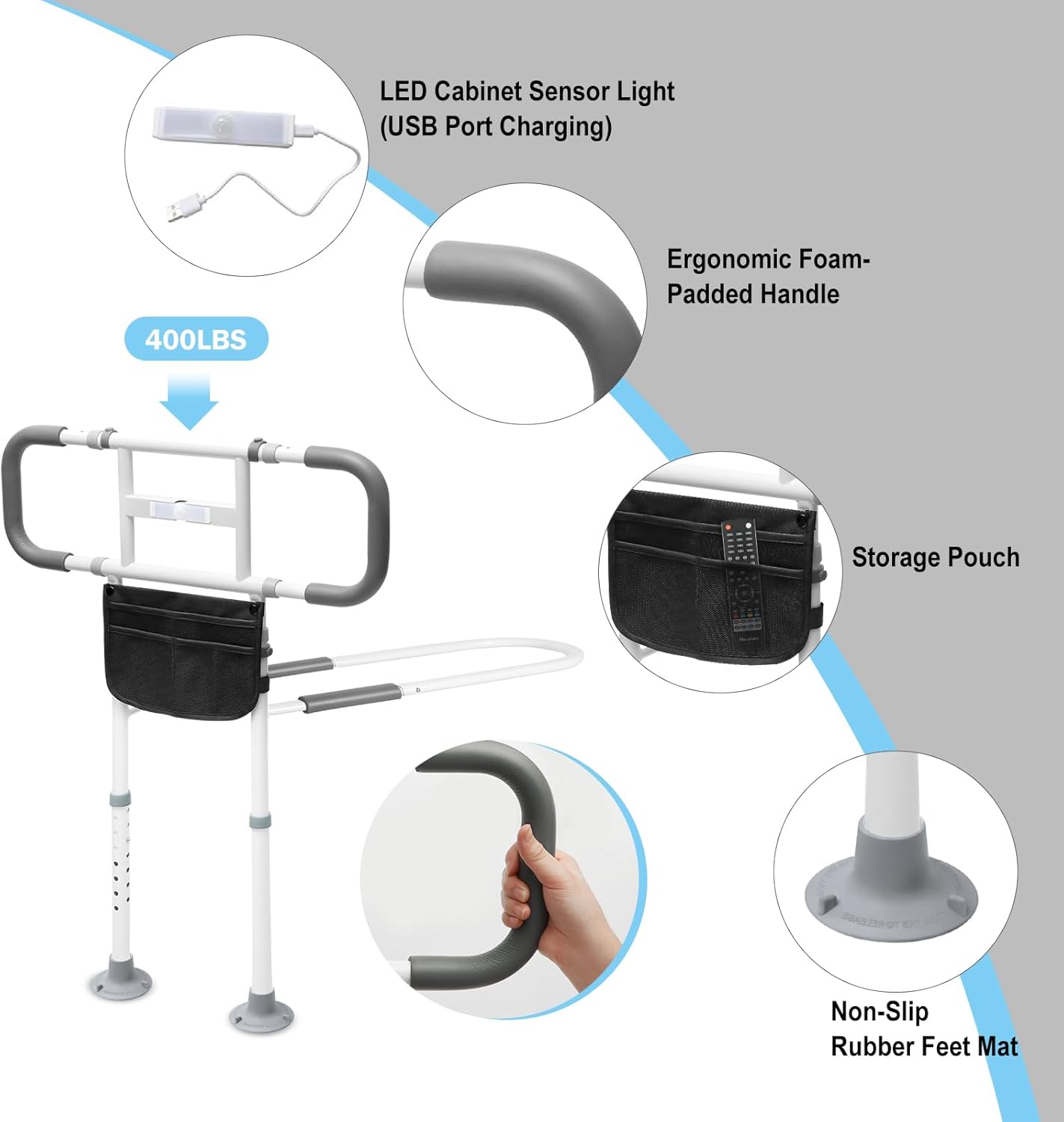 Bed Rails for Elderly Adults, Height Adjustable Bed Assist Rail with Motion Light & Storage Pouch, Safety Bed Handle with Support Legs for Seniors, Fit Any Bed