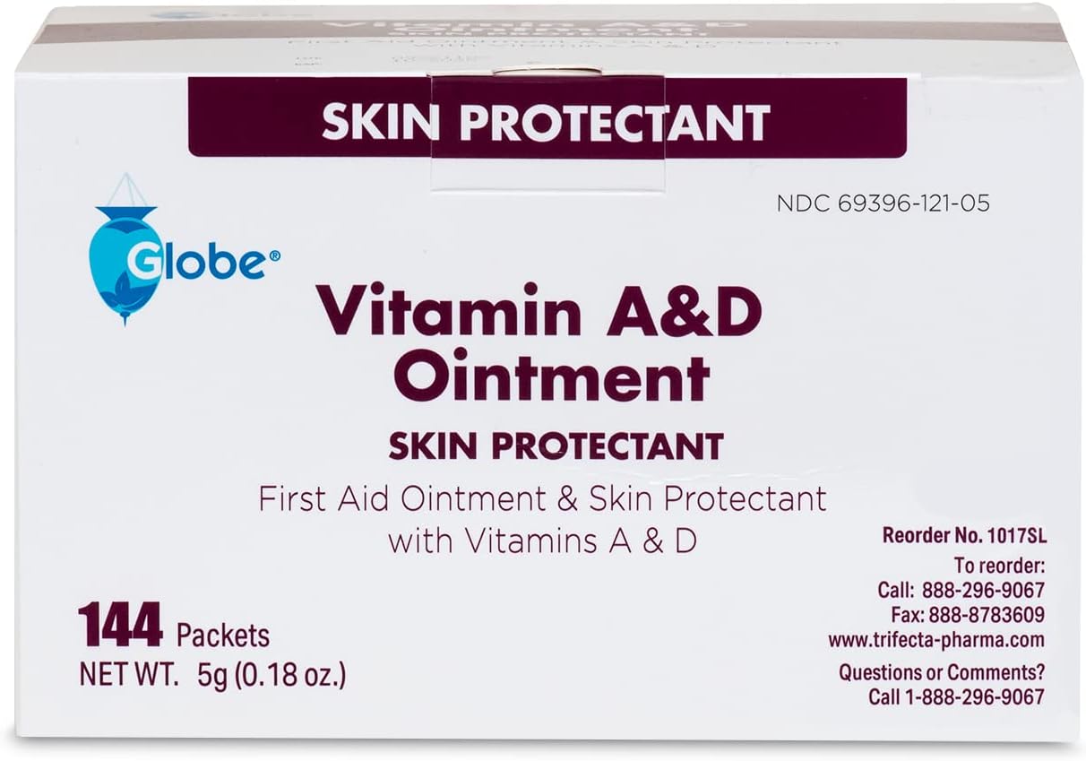 Globe (Box of 144) Vitamin A & D Ointment, First Aid & Skin Protectant with Vitamins A&D, 5g Packets, 144-Packets Box, Lanolin & Petrolatum Formula for Men, Women & Baby Skin