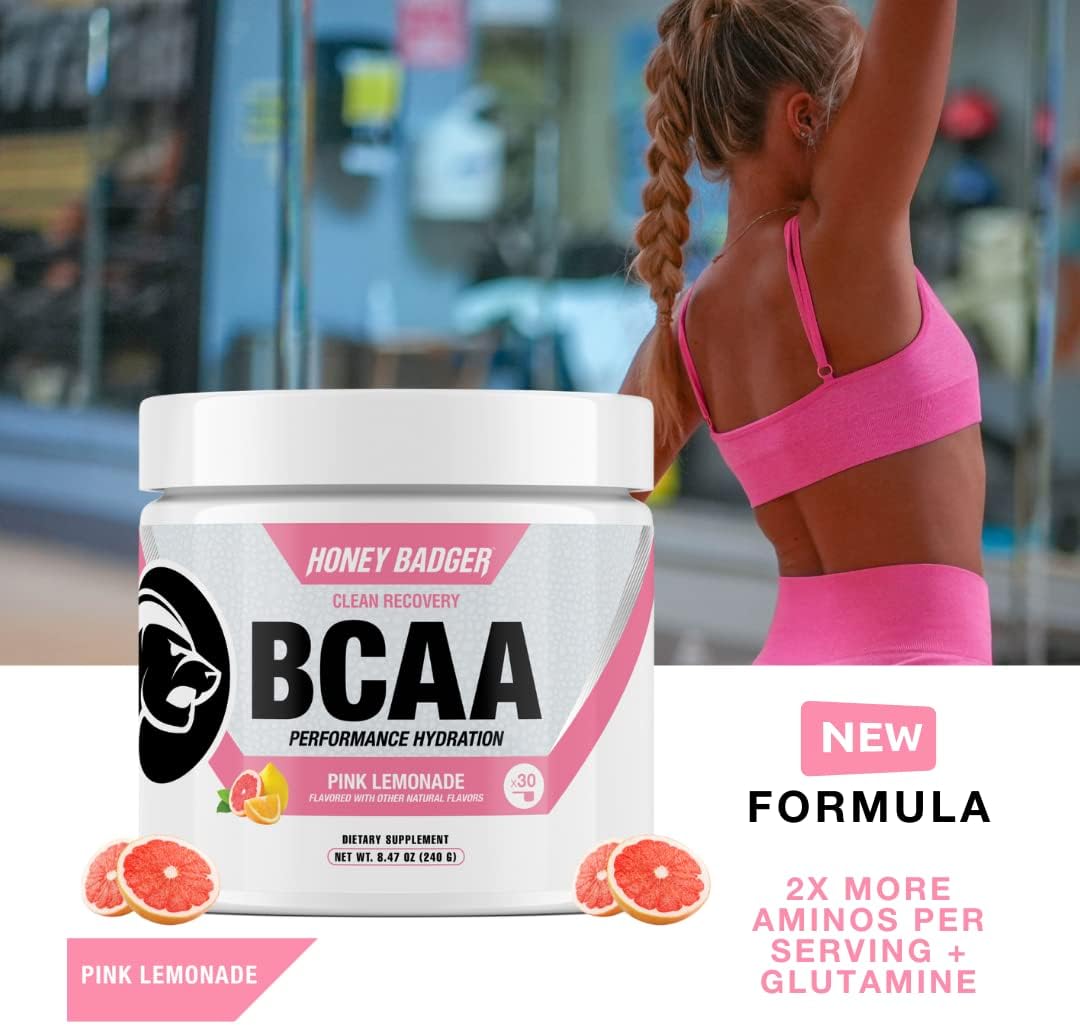 Honey Badger BCAA + EAA Amino Acids Powder, BCAAs + L-Glutamine, Keto, Vegan, Sugar Free for Men & Women, Hydration & Post Workout Muscle Recovery Drink Mix, Pink Lemonade, 30 Servings