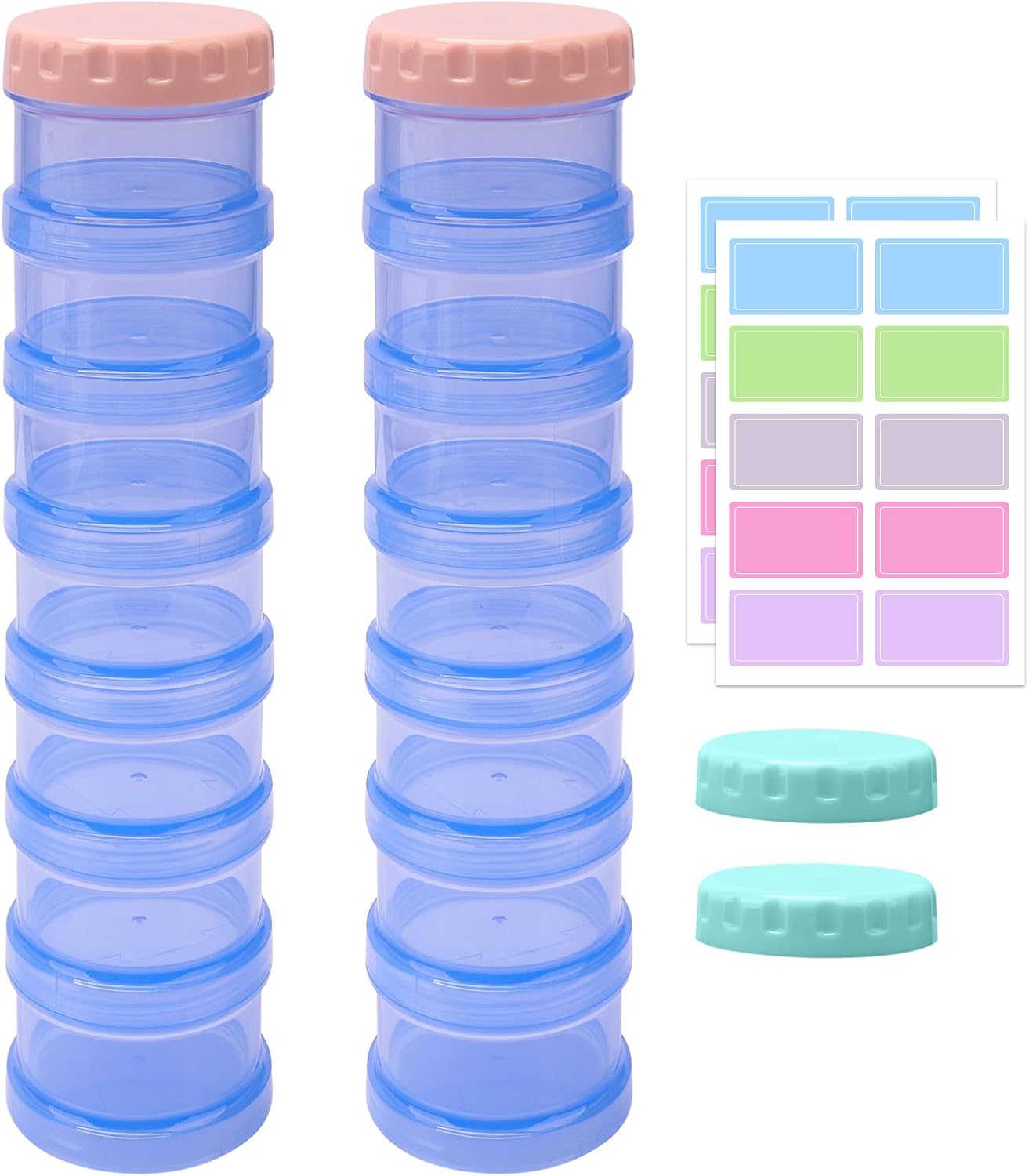 2 Pack 7 Day Pill Organizer Case Stackable Weekly Supplements Vitamins Pills Holder Dispenser Large Translucent Blue with Extra Lid