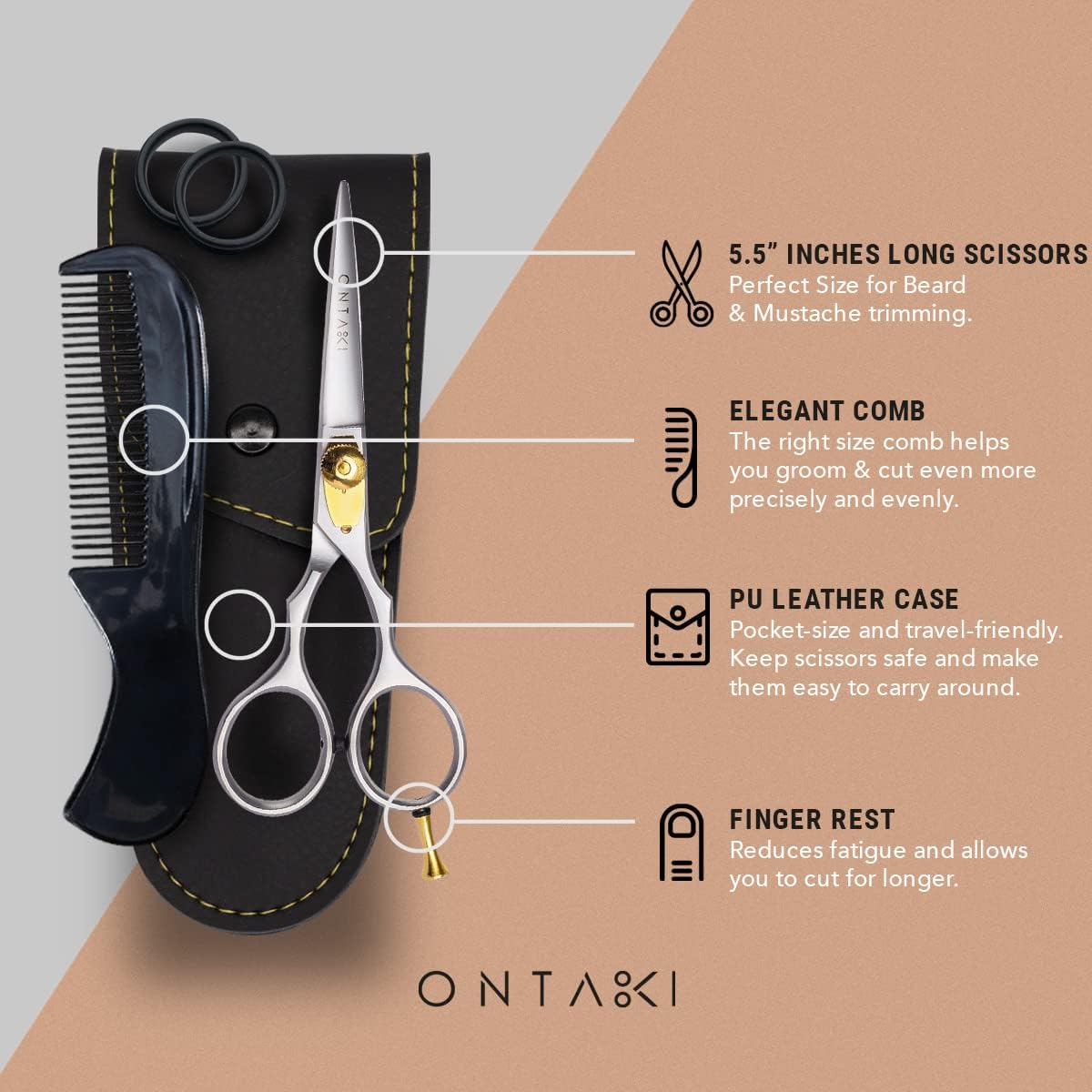 Ontaki Japanese Steel Beard & Hair Shears - Silver, 5.5 in - Precision Sharp Blades for Professional Hair Scissors - Rounded Tips for Mustache Scissors for Men - Finger Rest for Shears for Beard