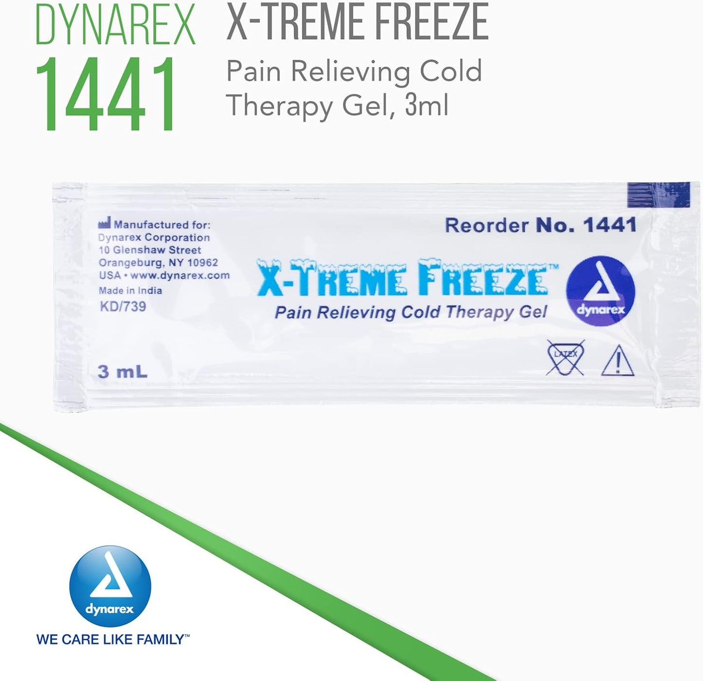 Dynarex X-Treme Freeze Relieving Cold Therapy Gel, Apply Directly to Skin, Green, Individual 3-ml Packet, 2 Boxes of 100 X-Treme Freeze Relieving Cold Therapy Gel 3-ml Packets