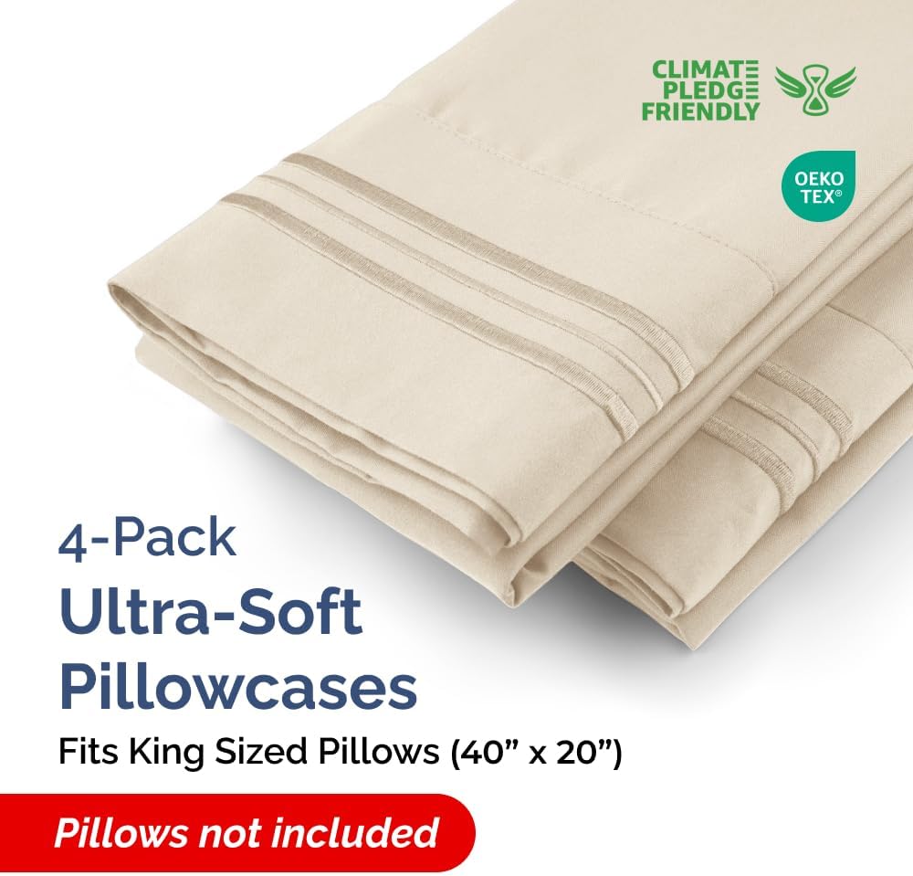 King Pillow Cases Set of 4 - Ultra Soft Hotel Quality Pillowcase Covers - Comfy, Cozy & Wrinkle Free - Shrinkage, Stain and Fade Resistant - Machine Washable Pillow Protectors - 4 Piece Set - Wheat