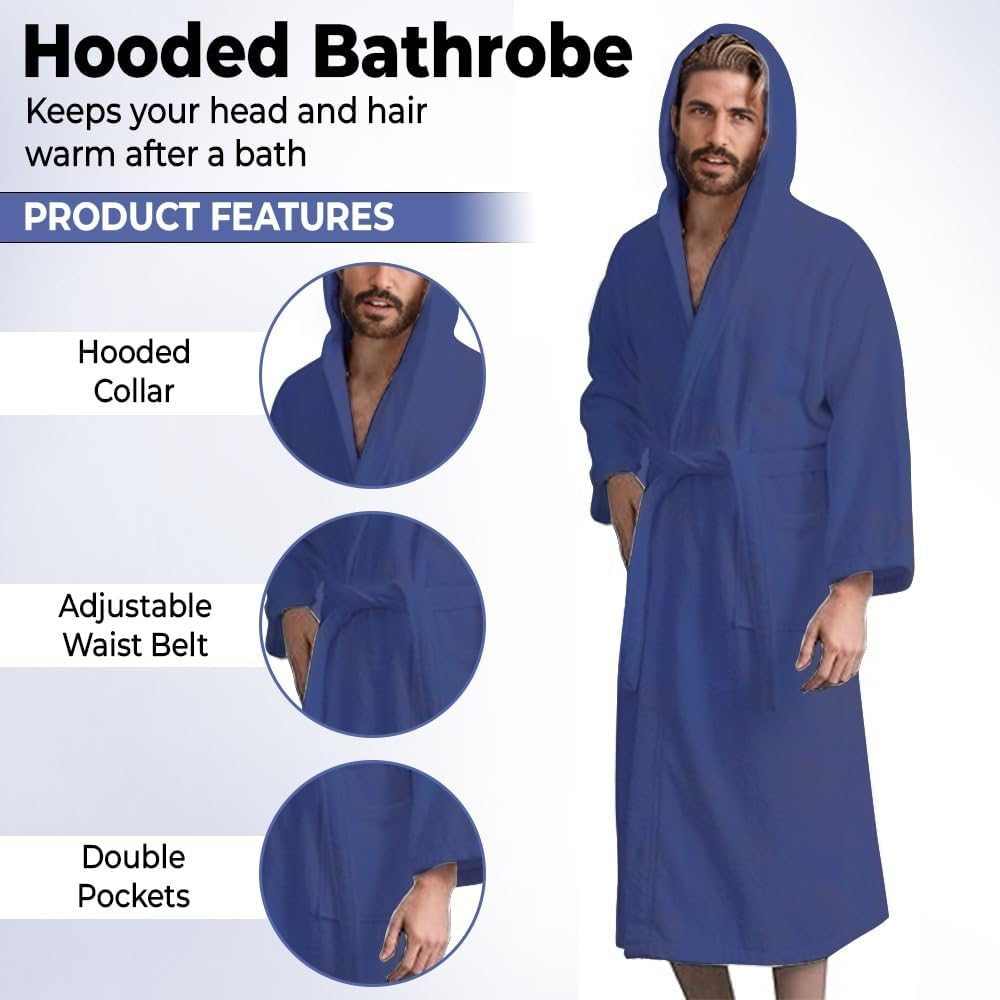 Men’s Hooded Bathrobe, 100% Cotton Terry Bathrobe, Spa Style Bath Robe, Absorbent Shower Robe, Lightweight Towel Bathrobes