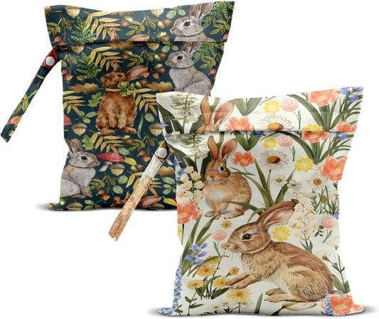2Pcs Bunny Wet Bag 12x10 Inch, Rabbit Waterproof Reusable Wet Dry Bags, Floral Washable Travel Laundry Bags for Swimsuit Pool Beach Diapers Dirty Yoga Gym Clothes, Flowers Gifts for Women Friend