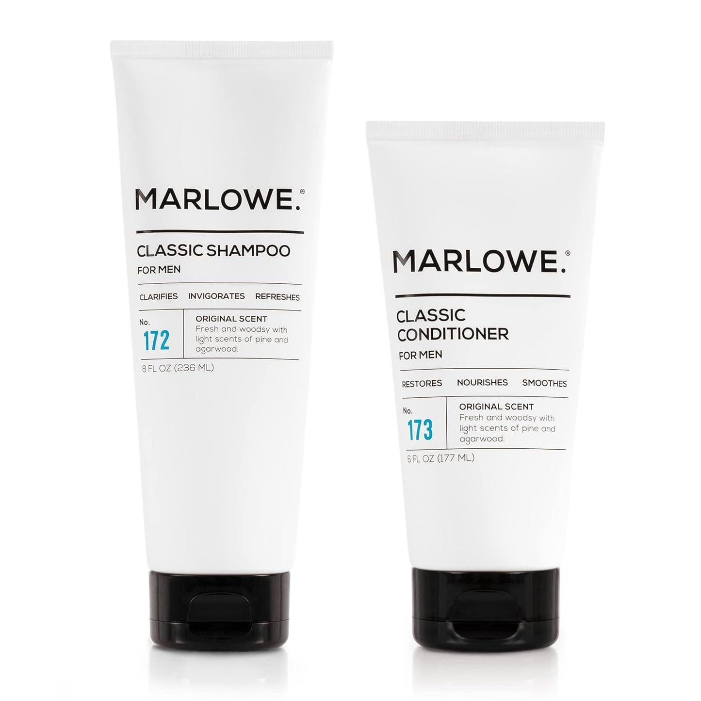 MARLOWE. Men's Shampoo and Conditioner Set, No. 172 Shampoo 8 oz & No. 173 Conditioner 6 oz, Moisturizing Argan & Coconut, Fresh Woodsy Scent, All Hair Types