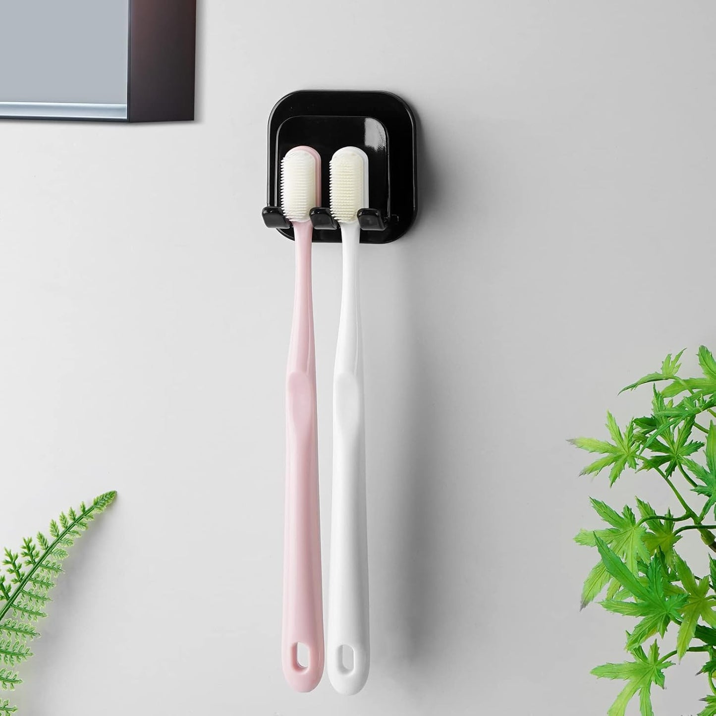 2 PCS Self-Adhesive Toothbrush Holders Wall Mounted, Water Proof Toothbrush Hook, 2 in 1 with Toothbrush Hanger and Gargle Cup Holder for Bathroom Shower (Black)