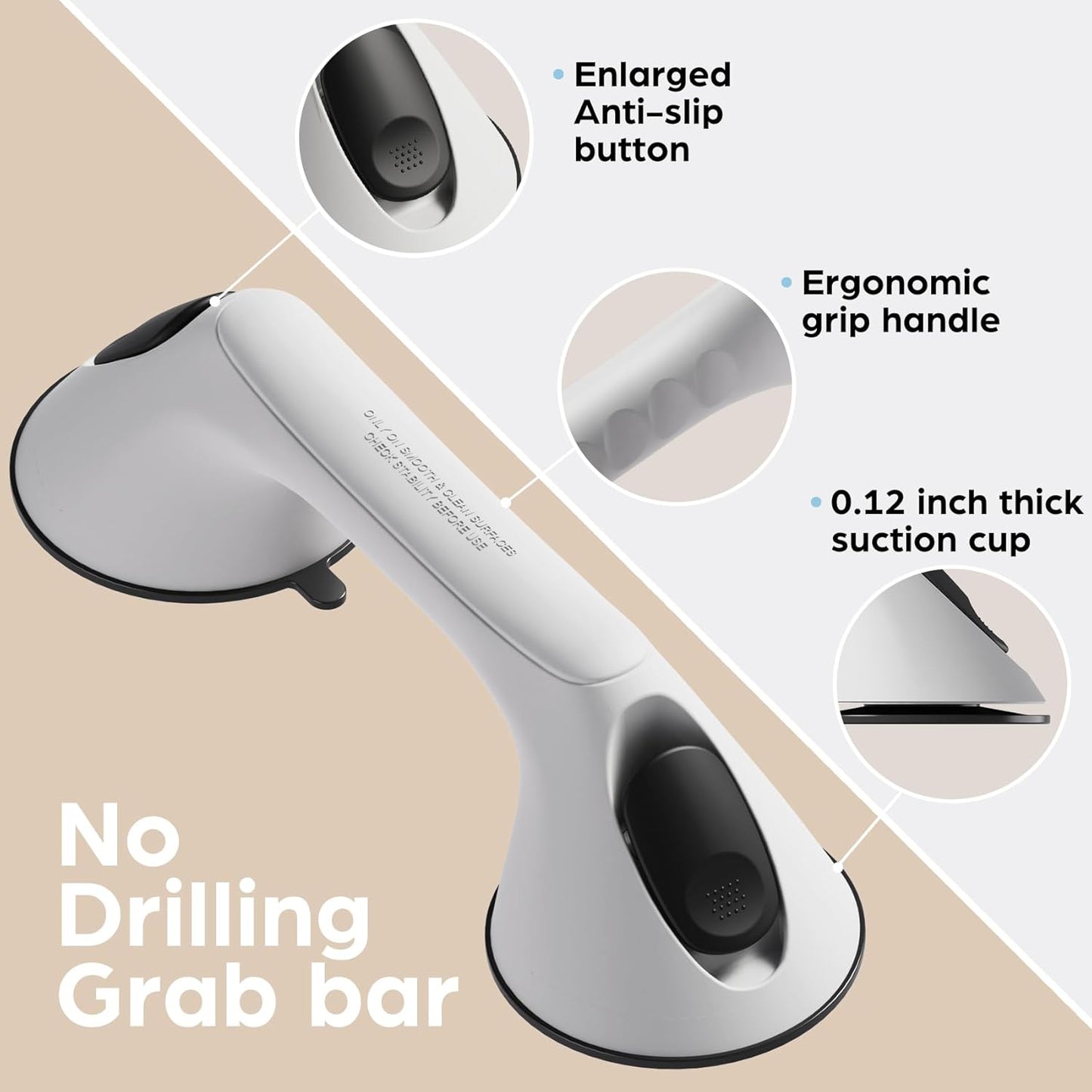 2 Pack 12 Inch Grab Bars for Bathtubs and Showers for Seniors, Heavy Duty Shower Handle for Elderly, Suction Cup Removable Handrails Handicap Bath Grip Bathroom Safety Grips (White and Black