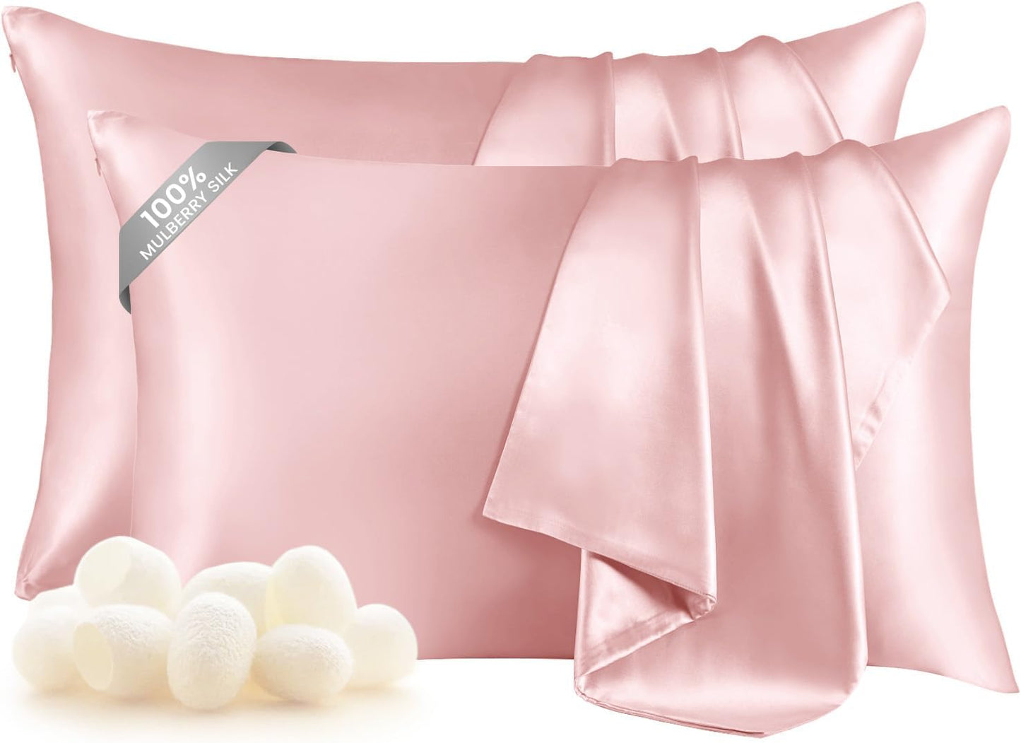 THXSILK Set of 2 Mulberry Silk Pillowcase for Hair and Skin, Both Sides Real Mulberry Silk Pillow Cases with Hidden Zipper, Organic Silk Pillowcase Standard Size 20×26 inches, Light Pink