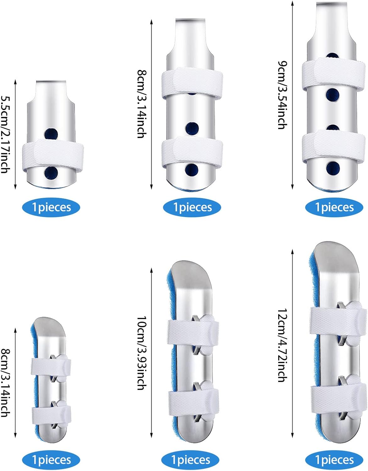 6 Pcs Finger Splint Metal Support Finger Brace Arthritis Knuckle Immobilization with Soft Foam Inner Band and Protective Vent for Adults and Children, 2 Styles, Different Sizes(Blue)