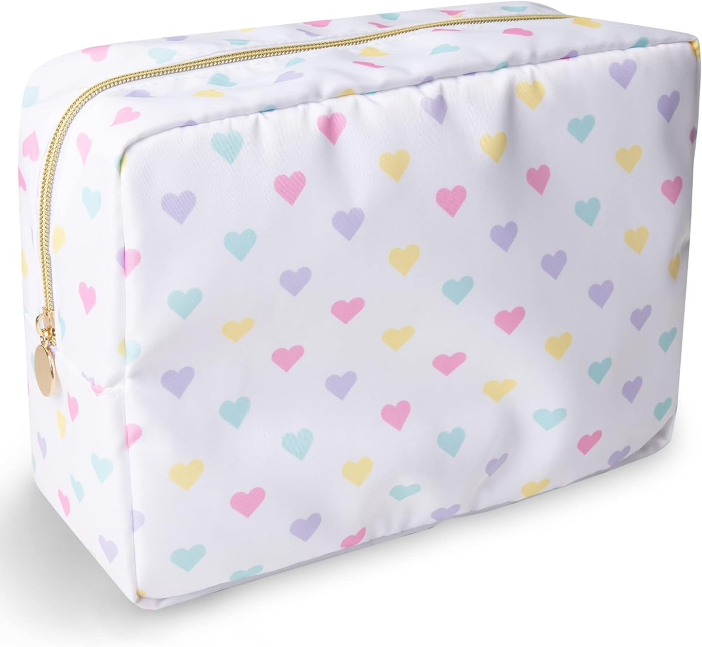 Nylon Large Makeup Bag Travel Cosmetic Bag Pouch, Big Preppy Makeup Bag Cute Cosmetic Zipper Pouch Purse, Waterproof Toiletry Bag Clutch Makeup Organizer Travel Essentials for Women Girl(White-Heart)