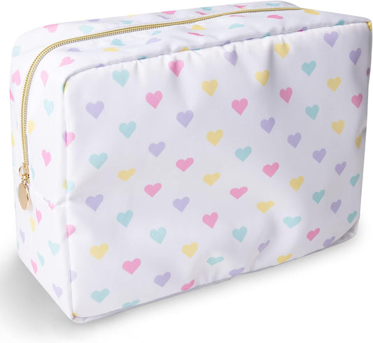 Nylon Large Makeup Bag Travel Cosmetic Bag Pouch, Big Preppy Makeup Bag Cute Cosmetic Zipper Pouch Purse, Waterproof Toiletry Bag Clutch Makeup Organizer Travel Essentials for Women Girl(White-Heart)