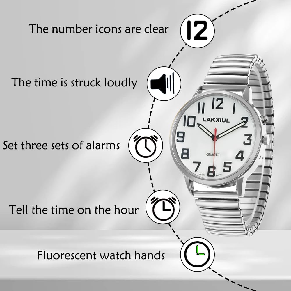 English Talking Watch with Large Numbers, Time-Date Announcement, Stainless Steel Telescopic Strap, Alarm Clock
