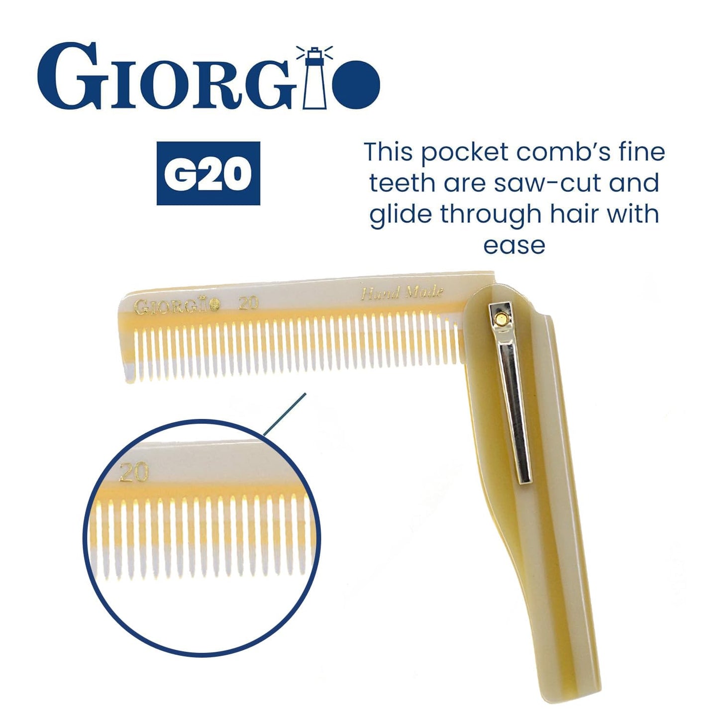 Giorgio G20 Folding Fine Tooth Mustache and Beard Comb 6.5 Inches - Sawcut and Hand Polished Ivory Styling and Travel Comb for Everyday Hair Care (Ivory)