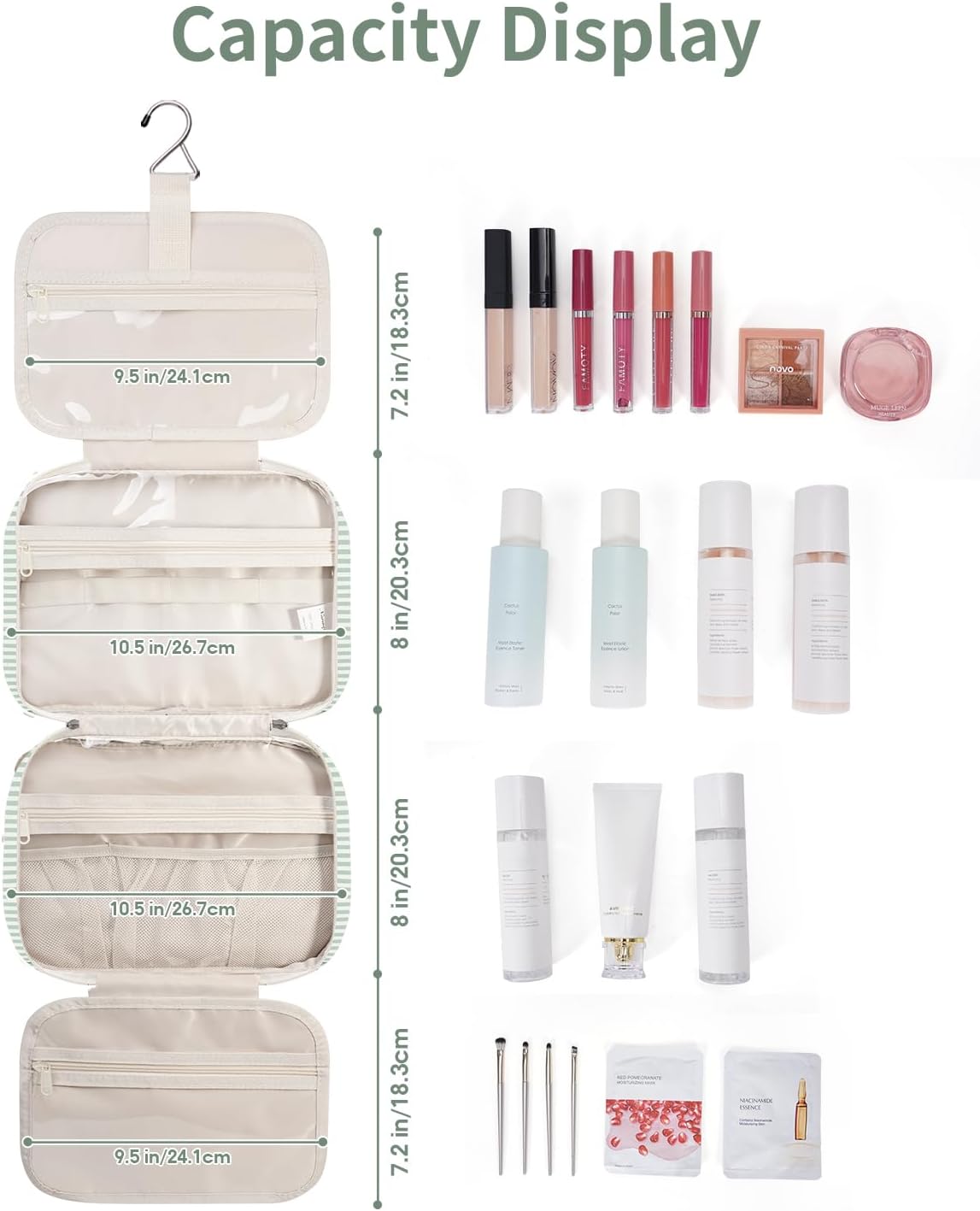 Narwey Striped Hanging Toiletry Bag for Women Travel Makeup Bag Organizer Toiletries Bag for Travel Size Essentials Accessories Cosmetics (Mint Green Stripe (Medium))