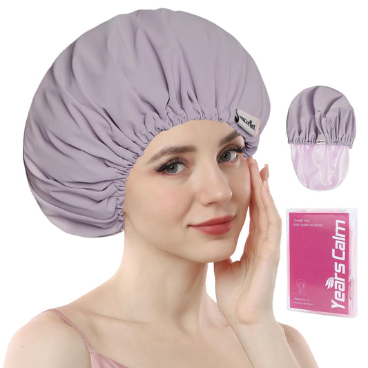 Years calm Shower Cap Reusable Waterproof, Double-Layer Hair Cap, with Elastic Band, Ideal for Shower, Spa, Travel & Cleaning (Light purple, One Size)