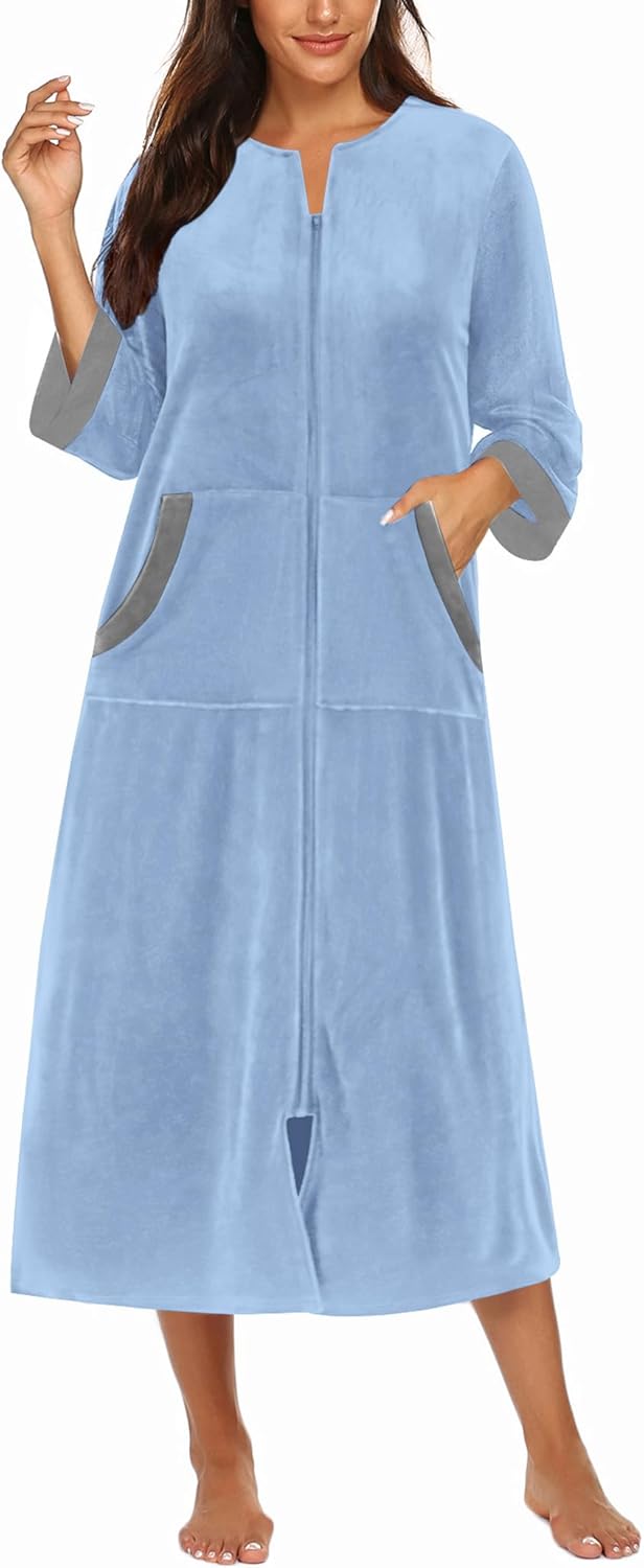 Ekouaer Women Zipper Robe 3/4 Sleeves Loungewear Dress Full Length Sleepwear Pockets Housecoat Nightgown Long Bathrobe