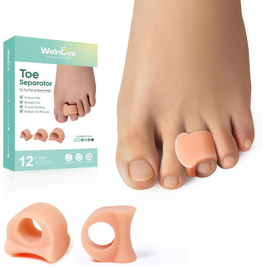 Welnove Toe Separator for Overlapping Toes - 12 PackToe Spacers for Bunions - Toe Corrector for Hammer Toes, Realign Crooked Toes - Preventing Rubbing Relieve Pressure (Medium, Beige)