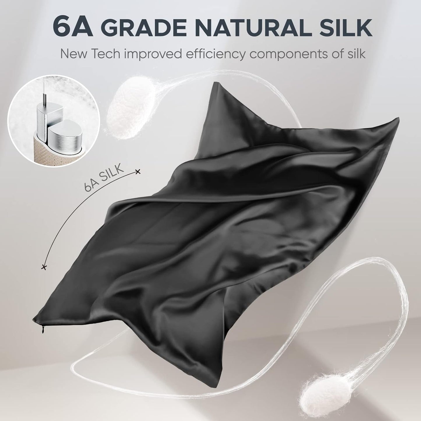 100% Pure Mulberry Silk Pillowcase for Hair and Skin - Allergen Resistant Dual Sides,600 Thread Count Silk Bed Pillow Cases with Hidden Zipper,1pc,Queen Size,Black