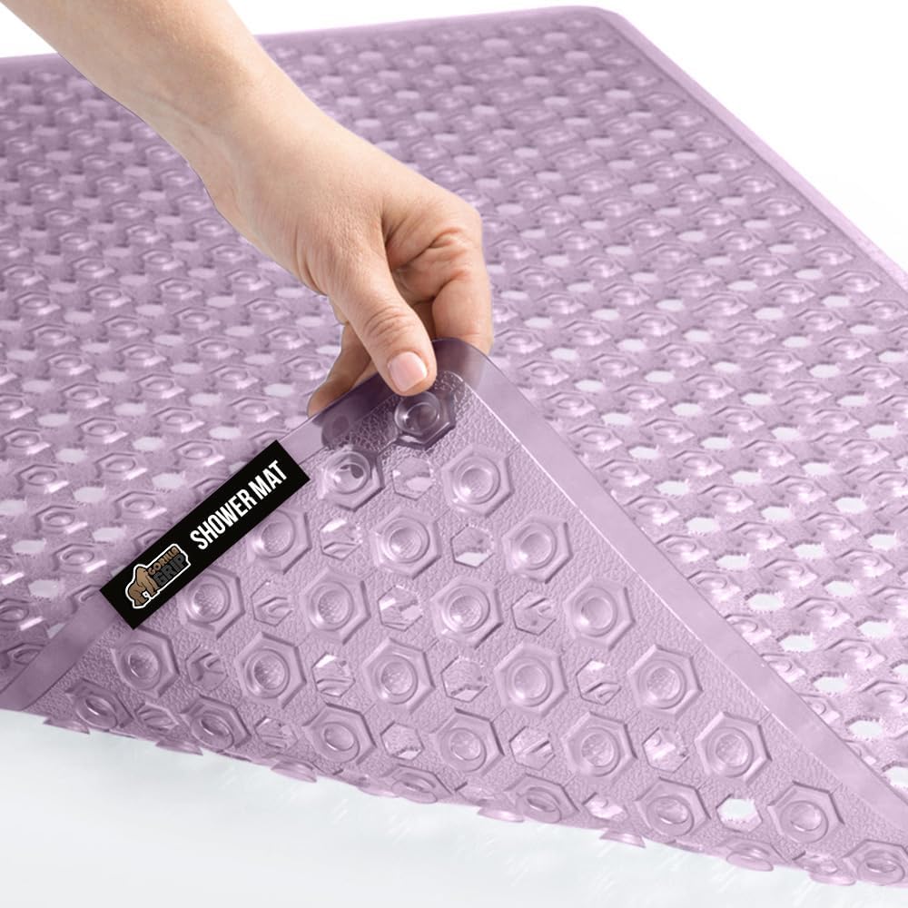 GORILLA GRIP Patented Bath Tub Shower Mat, Machine Washable Bathtub Floor Liner Mats, Suction Cups and Drain Holes to Keep Tubs Clean, Soft on Feet, Bathroom Essentials, 35x16 Inch, Clear Purple
