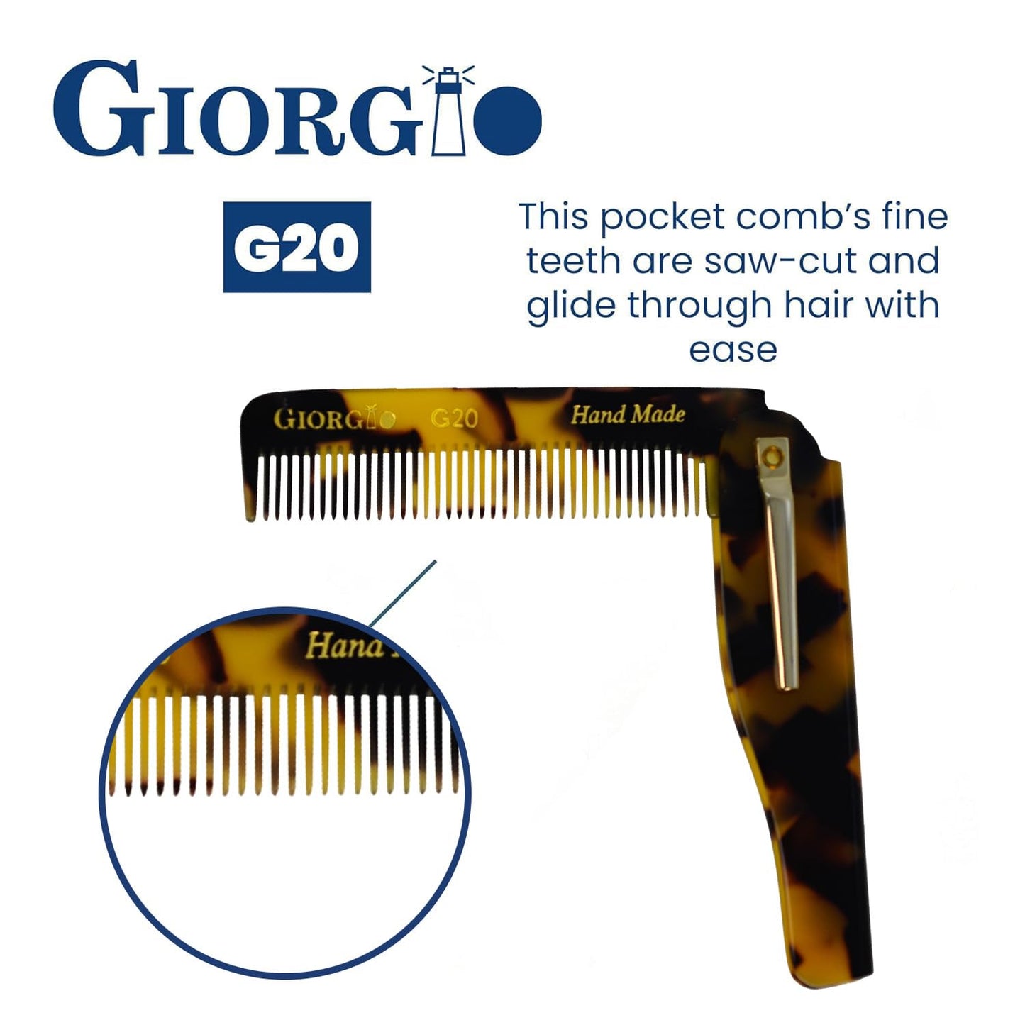 Giorgio G20 Folding Mustache and Beard Comb 6.5 Inches - Fine Tooth Styling and Travel Comb for Everyday Hair Care - Handcrafted Sawcut and Hand Polished