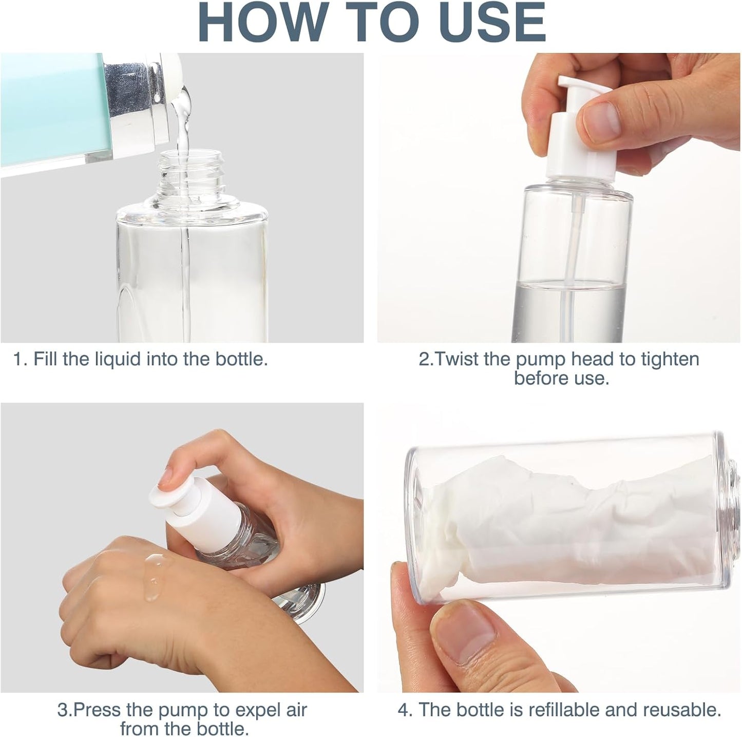 Boenoea Small Pump Bottle 1.7oz/50ml Travel Cosmetic Cream Pump Bottles Empty Pump Dispenser for Shampoo Lotion and Cream 3 Pack Clear