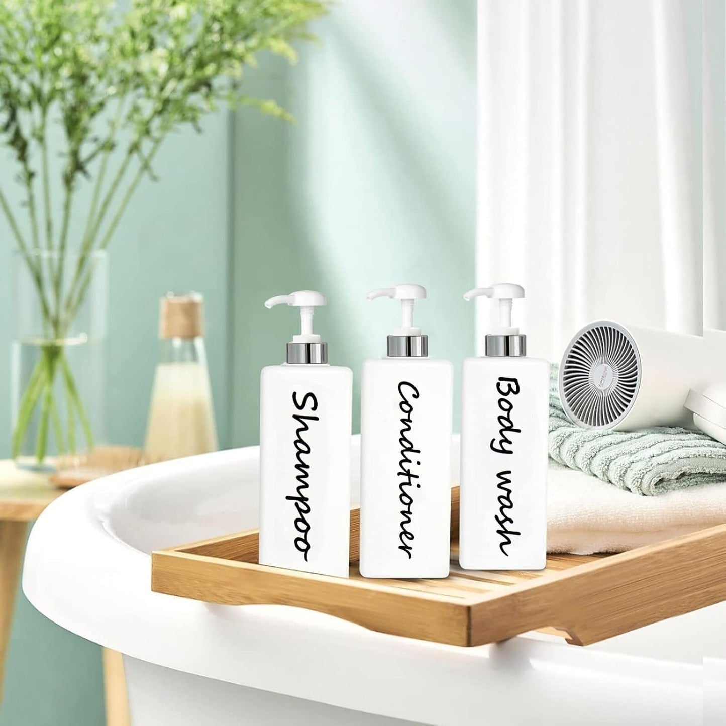 21oz Shampoo and Conditioner Dispenser (Set of 3) Modern Refillable Shampoo Pump Bottles for Shower Soap - Empty Shampoo Conditioner Body Wash Dispenser Set - Stylish Permanent Labels - for Bathroom