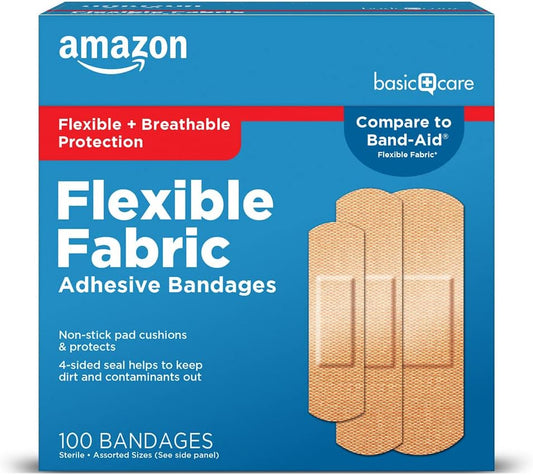 Amazon Basic Care Flexible Fabric Adhesive Bandages, First Aid and Wound Care Supplies, Assorted Sizes, 100 Count