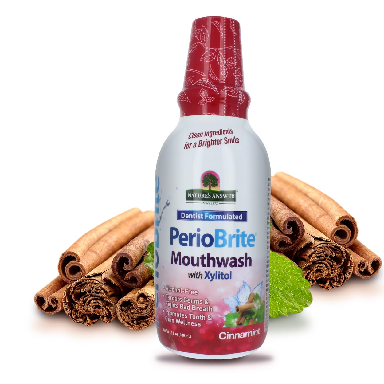 Nature's Answer Periobrite Cinamint Mouthwash| Promotes Healthy Teeth & Gums| Fights Bad Breath| Fluoride-Free, Alcohol-Free, Gluten-Free & Vegan| No Artificial Preservatives 16oz