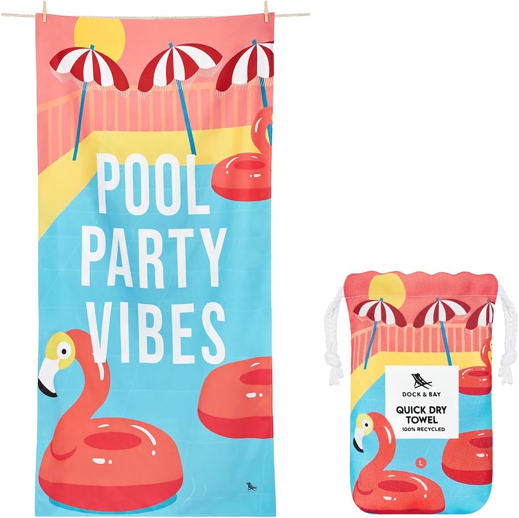 Dock & Bay Beach Towel - Quick Dry, Sand Free - Compact, Lightweight - 100% Recycled - Includes Bag - Pool Party Vibes - Extra Large (200x90cm, 78x35)