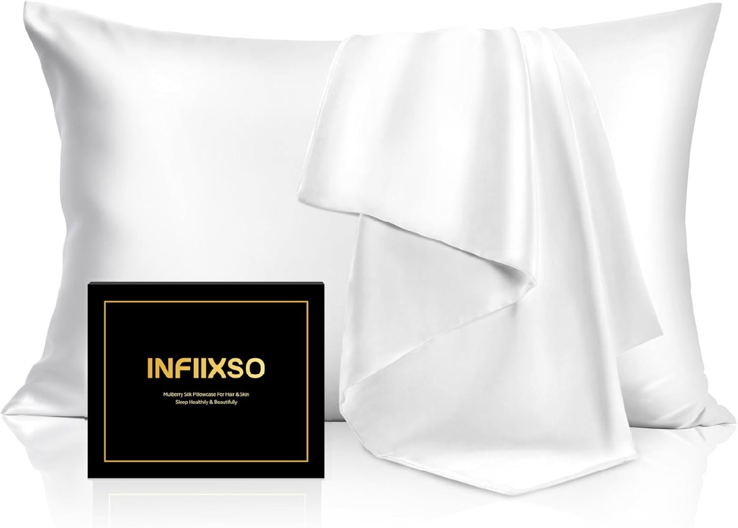 INFIIXSO Silk Pillow Cases 2 Pack Standard Size, Ultra Smooth & Soft Mulberry Silk Pillow Case for Hair and Skin, Breathable Cooling Silk Pillowcase with Hidden Zipper (White, 20x26 Inches)