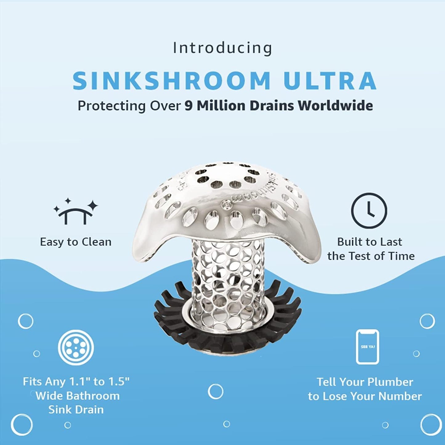 SinkShroom Ultra Revolutionary Bathroom Sink Drain Protector, Stainless Steel with Stopper