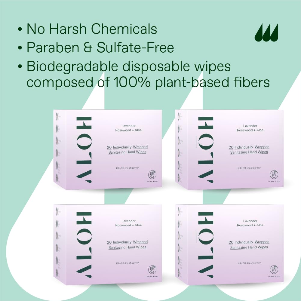 ALŌH Skin- Softening Sanitizing Hand Wipes – Lavender Rosewood + Aloe- 4 boxes of 20ct Individually Wrapped Wipes (80 Wipe)