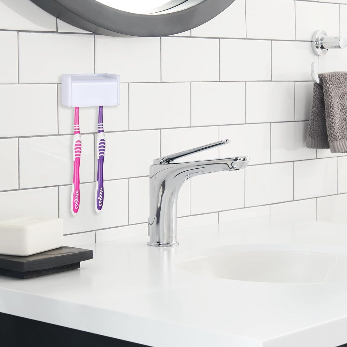 2 Pack Toothbrush Holder Wall Mounted with Cover for Bathroom, 2 Slots Toothbrush Storage Organizer for Shower, Self Adhesive Toothbrush Hanger Rack for Dorm, Cabinet (White)