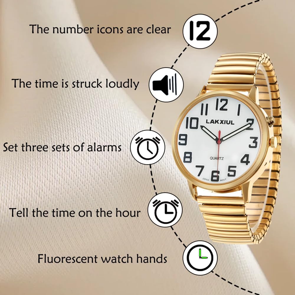 English Talking Watch with Large Numbers, Time-Date Announcement, Stainless Steel Telescopic Strap, Alarm Clock