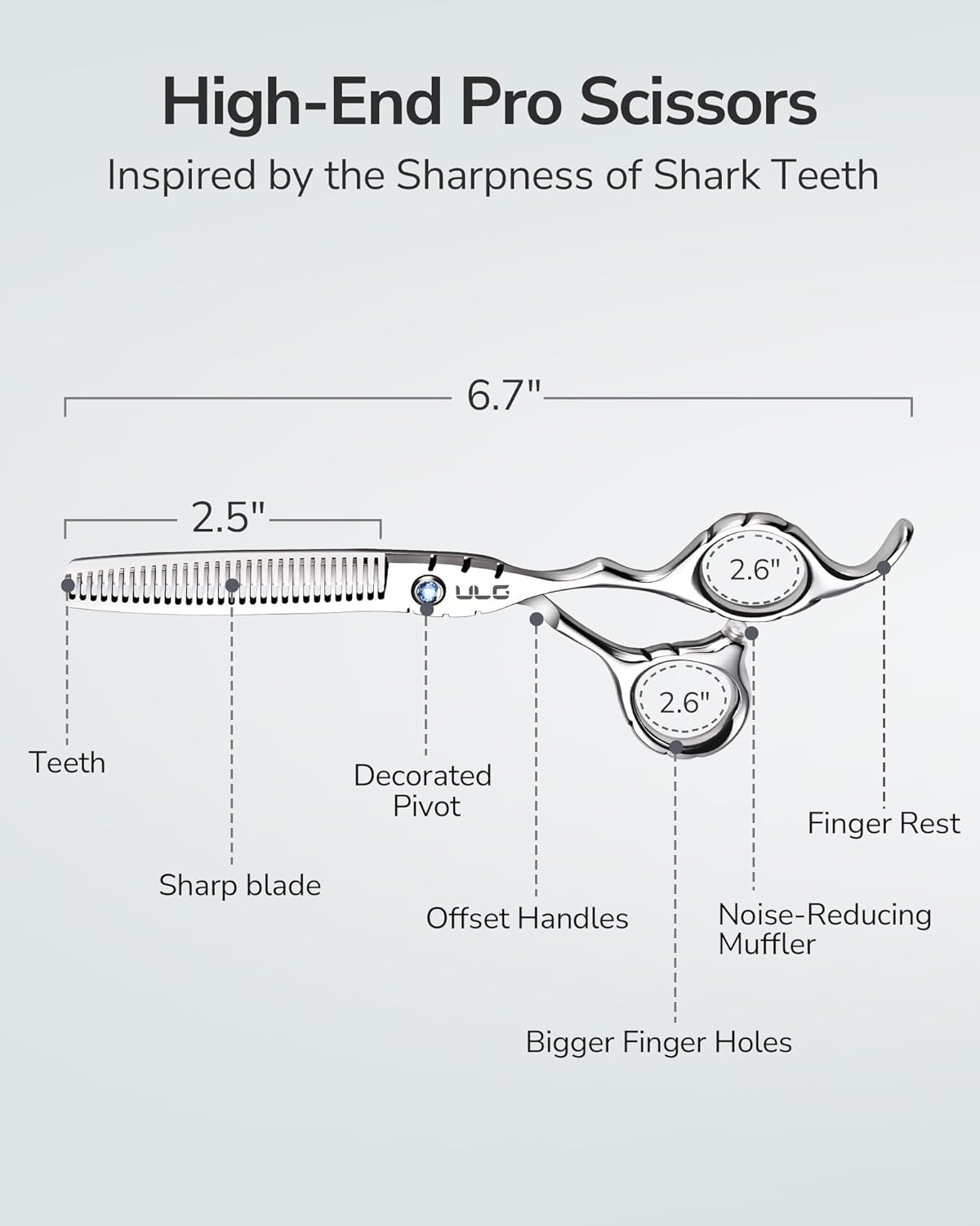 ULG Hair Thinning Scissors 6.7” Shark Series 100% Japanese Stainless Steel, Offset Handle, 30-Tooth Seamless Thinner 15% Hair Removal, Professional Barber Layering Shears for Salon & Home Hair Styling