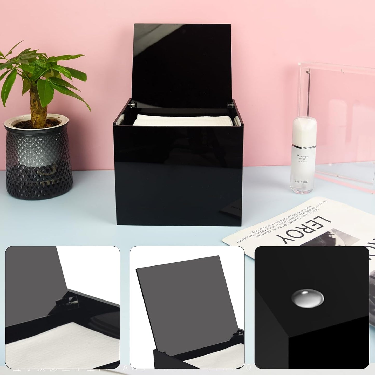 Disposable Face Towel Storage Box Compatible with Facial Towel XL, Acrylic Disposable Face Towelette Holder Container, Black