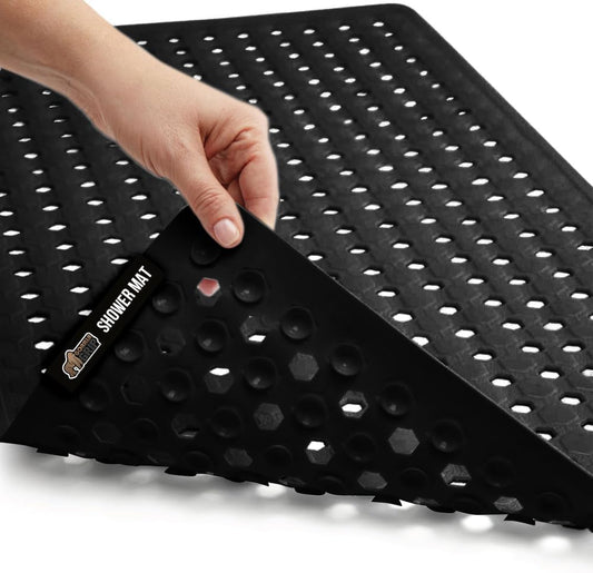 GORILLA GRIP Patented Bath Tub Shower Mat, Machine Washable Bathtub Floor Liner Mats, Suction Cups and Drain Holes to Keep Tubs Clean, Soft on Feet, Bathroom Essentials, 35x16 Inch, Black